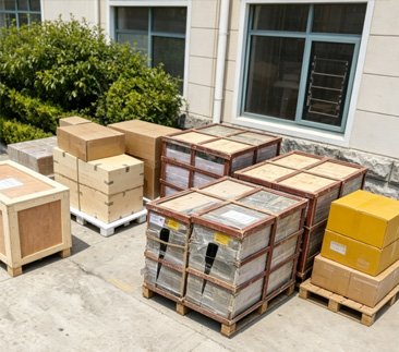 Securely packed bronze statues in export crates at the foundry illustrating factory-direct pricing advantage without middleman markups