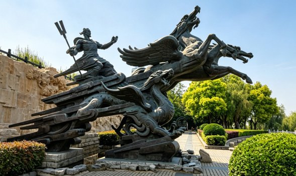 A monumental custom bronze sculpture of a historical figure on a dragon chariot in a public plaza, showcasing Wensculp's advanced structural engineering and museum-quality lost-wax casting for large-scale public art.