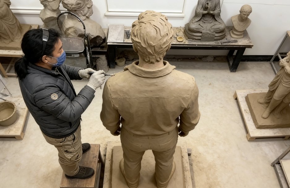 Sculptor hand-crafting a 1:1 scale clay model at Wensculp