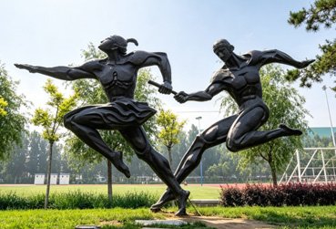 Modern abstract bronze statue of two dynamic figures in an outdoor landscape, illustrating Wensculp's capability in diverse artistic styles from hyper-realism to stylized expressions