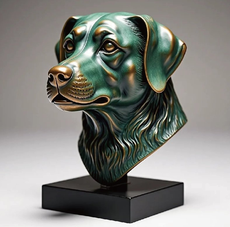 Exquisitely crafted bespoke bronze dog memorial portrait statue on a marble base, handcrafted from photographs for high-end private collectors