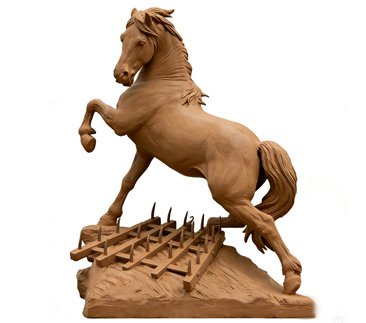 Precision 1:10 scale clay model of a rearing horse for custom bronze sculpture prototyping and design confirmation