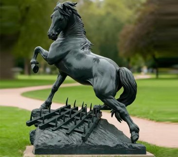 Finished large outdoor bronze horse sculpture with UV-resistant patina installed in a public landscape garden