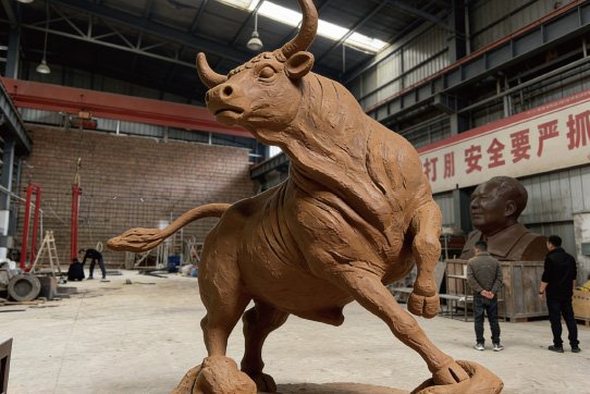 Hand-crafted 1:1 scale charging bull clay model in factory for custom bronze sculpture project confirmation