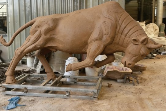 Detailed side view of custom bull clay sculpture prototype showing anatomical precision for bronze casting