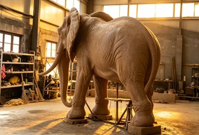 Quarter view of a full-scale elephant clay model in the foundry workshop highlighting muscular anatomy