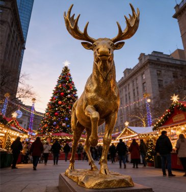 Monumental golden bronze stag sculpture in an urban plaza illustrating how outdoor art enhances commercial property value and tourism foot traffic