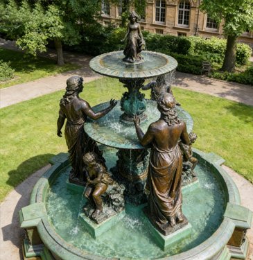 Classic bronze figure fountain in a courtyard showing professional patina finishes engineered for coastal and high-humidity climates