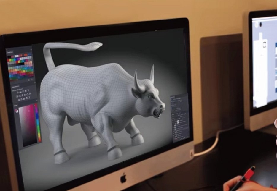 3D digital modeling of a bronze bull sculpture displayed on a workstation screen at Wensculp