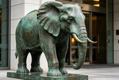 Large-scale realistic bronze elephant statue installed at a municipal plaza entrance, serving as an iconic landmark for urban prestige and authority.