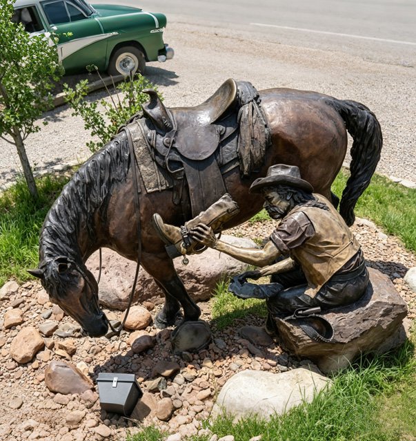 Detailed life-size bespoke bronze statue of a cowboy working on a horse, installed in an outdoor landscape to demonstrate Wensculp's capability in capturing dynamic movements and enhancing spatial ambiance.