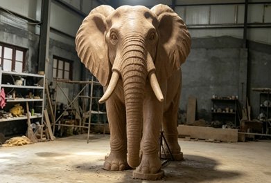 Front-facing view of a finished life-size elephant clay sculpture for a high-end garden landscape project
