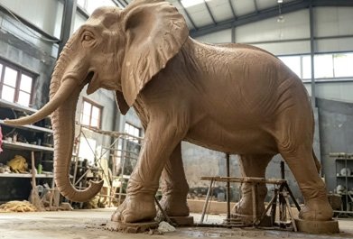 A complete profile view of a bespoke elephant clay model ready for the lost-wax bronze casting process