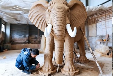 Foundry artisan refining the intricate foot and toenail details of a life-size elephant clay model