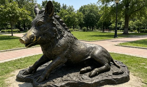 Detailed bronze wild boar statue in a public park setting, showcasing the premium aesthetics and durability advantages of bronze animal sculptures for urban landscape design.