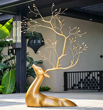 Elegant golden deer sculpture showcasing Superior UV Resistance & Environmental Resilience with high-grade silicon bronze and professional chemical patination for outdoor exposure