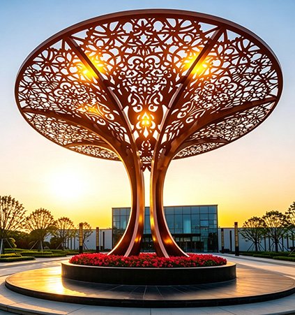 Monumental tree-shaped sculpture in a commercial plaza representing our Material Standards , using Grade 304 stainless steel and 88% copper Silicon Bronze for premier real estate assets.