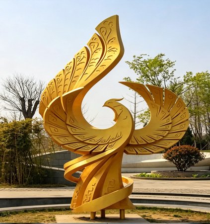 A stylized gold bird installation illustrating our Process Standards , featuring industrial-grade seamless grinding and mirror-polished finishes for high-end property courtyards.