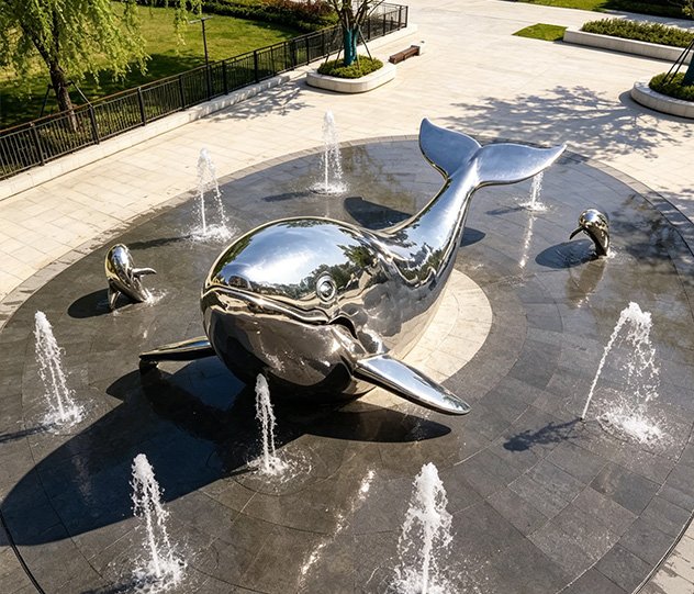 Mirror-polished stainless steel whale fountain sculpture in a modern commercial plaza, providing visual solutions for Property Developers & Project Managers to enhance landscape aesthetics.