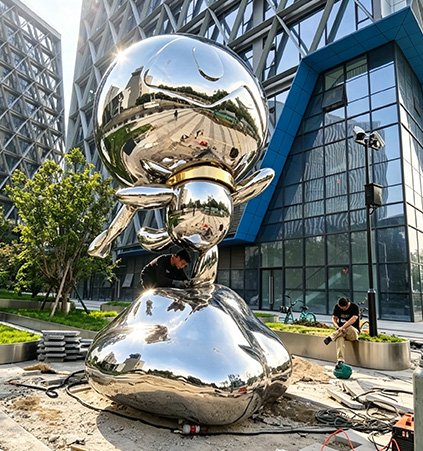 Monumental mirror-polished stainless steel character sculpture, illustrating our commitment to On-time delivery and seamless coordination with hotel grand opening milestones.