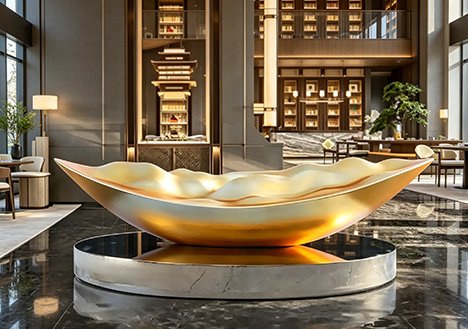 Luxury gold organic sculpture on a marble pedestal in a hotel restaurant, illustrating Wensculp's Bespoke Sculptures for Restaurants, SPAs & Themed Interiors with high-end finishing.