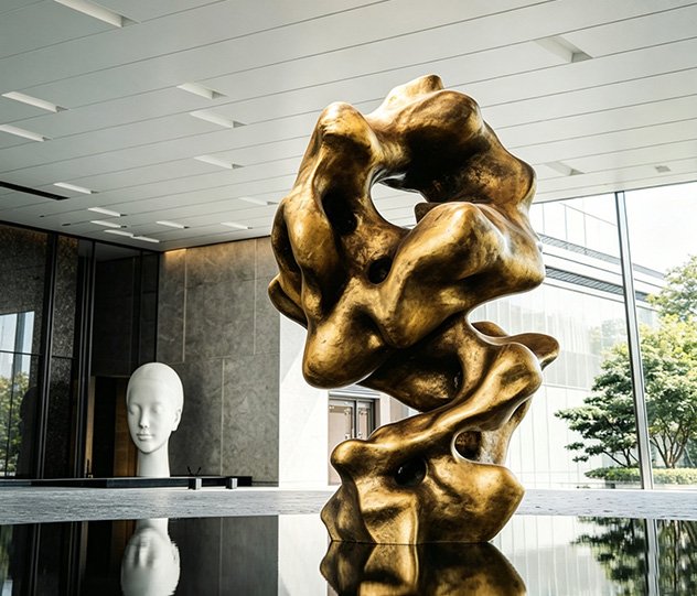 A modern organic bronze sculpture in a luxury foyer, providing expert answers About Hotels & Hospitality Sculptures regarding design fidelity and project synchronization.