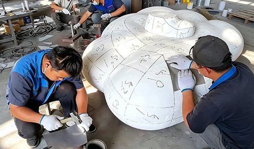 Artisans meticulously fitting metal plates for Hand-Forged Sculptures , providing high-impact visual presence for Abstract Sculptures and Large-Scale Landscape Sculptures.