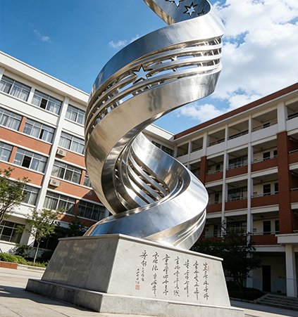 Modern stainless steel spiral sculpture in front of a classroom building, representing our Budget Transparency with itemized costs for educational sector procurement.