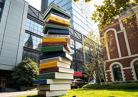 A monumental stack of giant books sculpture in front of a school library, serving as a Custom Iconic Campus Sculptures landmark with absolute 1:1 scale fidelity.