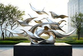 Contemporary stainless steel abstract sculpture for luxury real estate developments, driving market premiums and enhancing corporate brand recognition