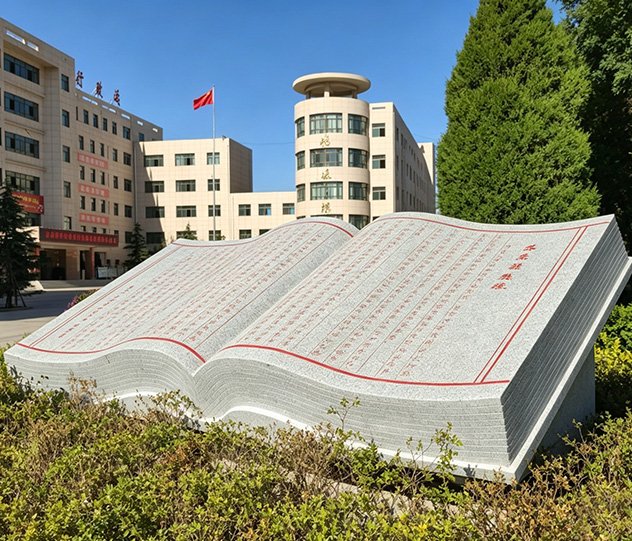 A monumental open book statue on a university campus, showcasing our Educational Institution Sculpture solutions and ensuring 100% fidelity to the original design.