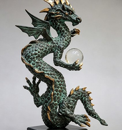 Finished bespoke bronze dragon sculpture with a crystal ball, ensuring Guarantee of Uniqueness through internal 304 stainless steel reinforcement and FEA safety analysis.