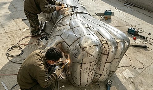 Professional workers fabricating a giant metal hand sculpture, illustrating why we recommend Artisanal Hand-Forging for Monumental Scale projects requiring Extreme Durability .