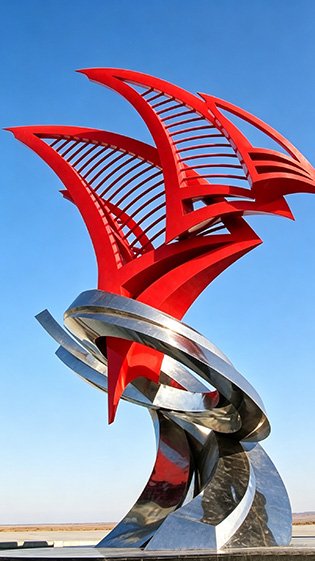 Modern abstract installation demonstrating the Stainless Steel Sculpture Coloring Process, featuring Fluorocarbon & Weather-Resistant Coatings and Vacuum Ion Plating for vibrant, durable hues.