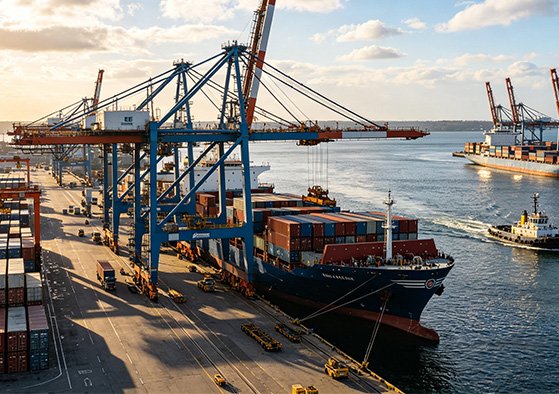 Container port terminal representing Worldwide Shipping for Custom Sculptures, illustrating Wensculp's Turnkey Door-to-Door Logistics and Modular Shipping for monumental installations.