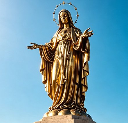Life size gilded bronze Our Lady of Grace statue installed outdoors
