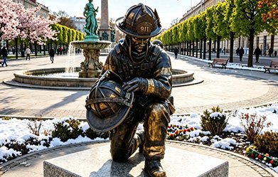 Bronze firefighter memorial statue with authentic gear
