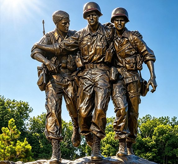 Life size bronze veterans memorial monument installed in public park