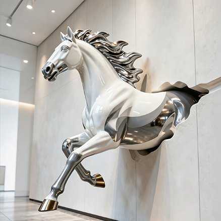 custom silver metallic fiberglass horse statue leaping from a wall