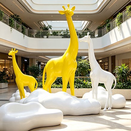 custom yellow and white fiberglass giraffe statues in a shopping mall