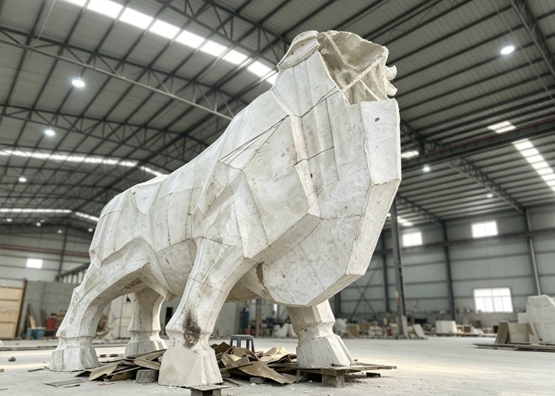 Sectioned fiberglass master mold of a large bronze animal sculpture at Winsun Sculpture — numbered panels ready for copper sheet cutting and hammering