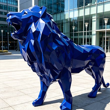 blue low-poly geometric fiberglass lion statue outside an office building