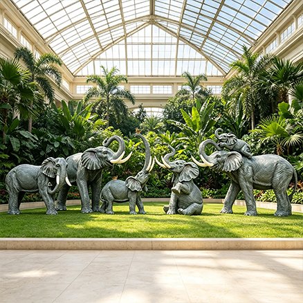 bronze-look fiberglass elephant statues in a landscaped garden