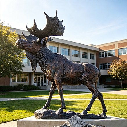 bronze fiberglass moose statue on a campus lawn