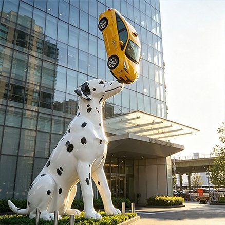 custom fiberglass dalmatian dog statue balancing a taxi