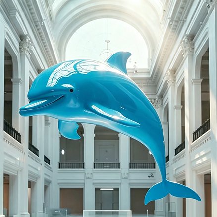 blue fiberglass dolphin statue in a classical hall