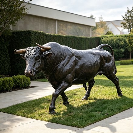 bronze-look fiberglass bull statue on a lawn 