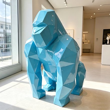 blue low-poly geometric fiberglass gorilla statue indoors