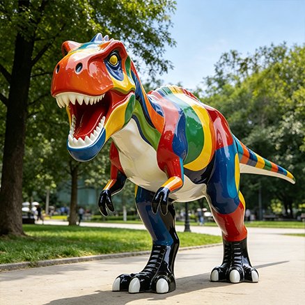 colorful custom-painted fiberglass T-rex dinosaur statue in a park