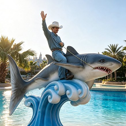 custom fiberglass shark statue with a rider figure by a pool